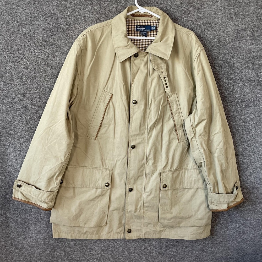 Polo Ralph Lauren Field Coat Men XL Beige Canvas Lined Club Classic Outdoor Vtg